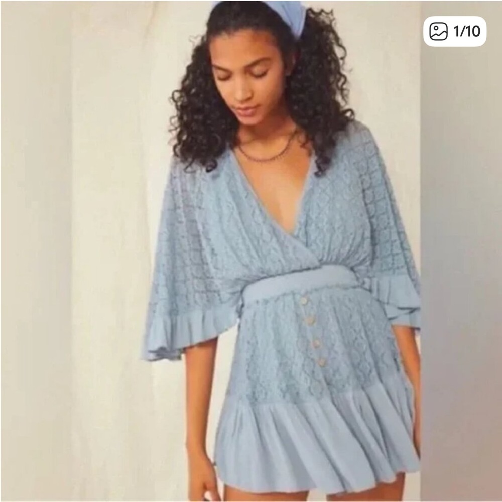 Free People Shyanne Flutter Sleeve Blue Lace Romper Dress - Picture 3 of 6